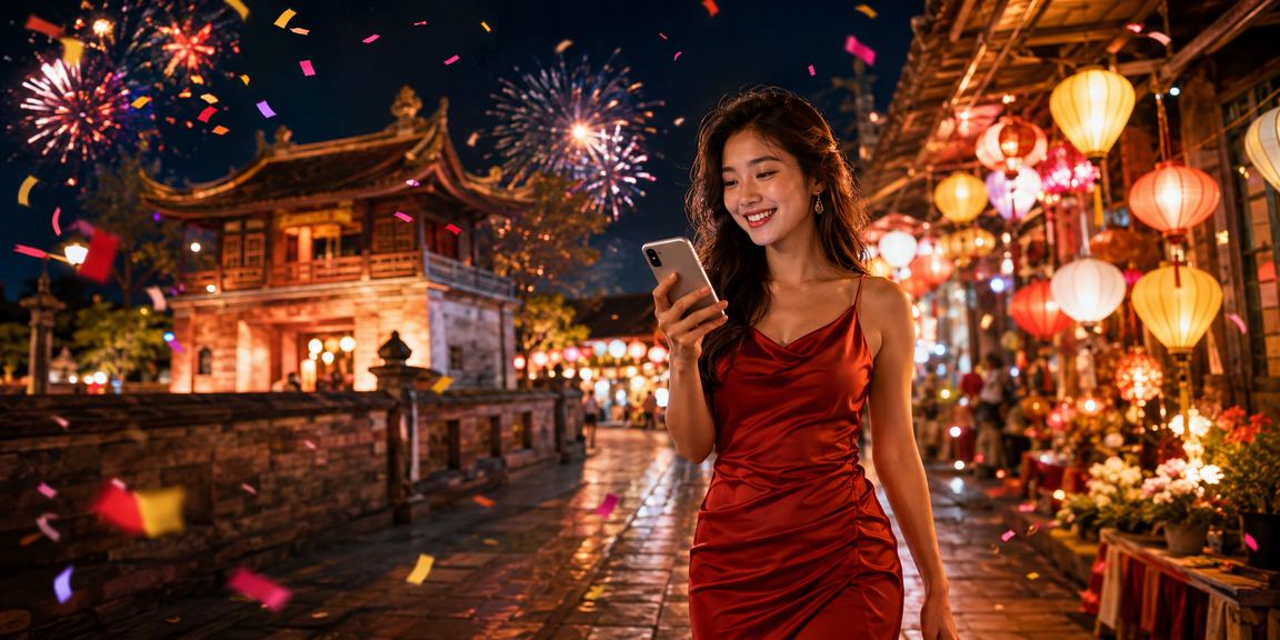 Khung cảnh chợ đêm Hà Nội với bao đỏ may mắn và không khí nhộn nhịp